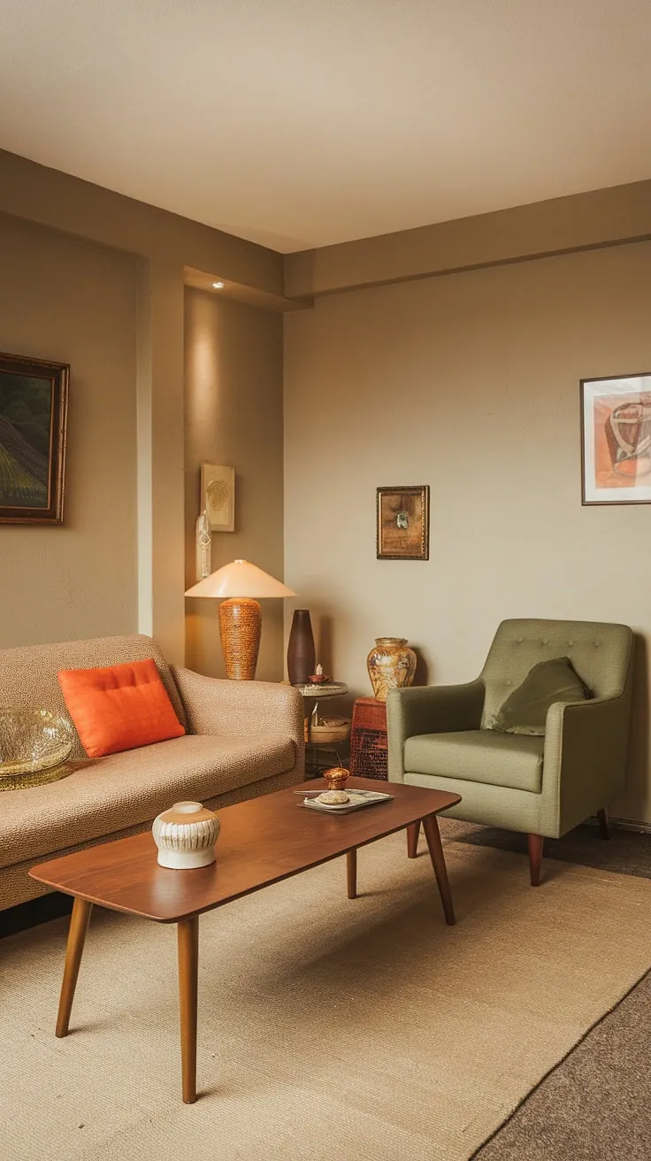 Cozy 70s vibes in this small apartment living room. Mid-century modern furniture and a retro color palette make the most of this small space interior design.
