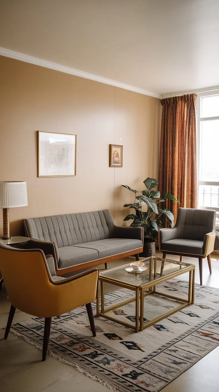 This small apartment living room proves that big style fits in small spaces. 1970s interior design at its finest, a perfect example of small space interior design and a mid-century modern living room.