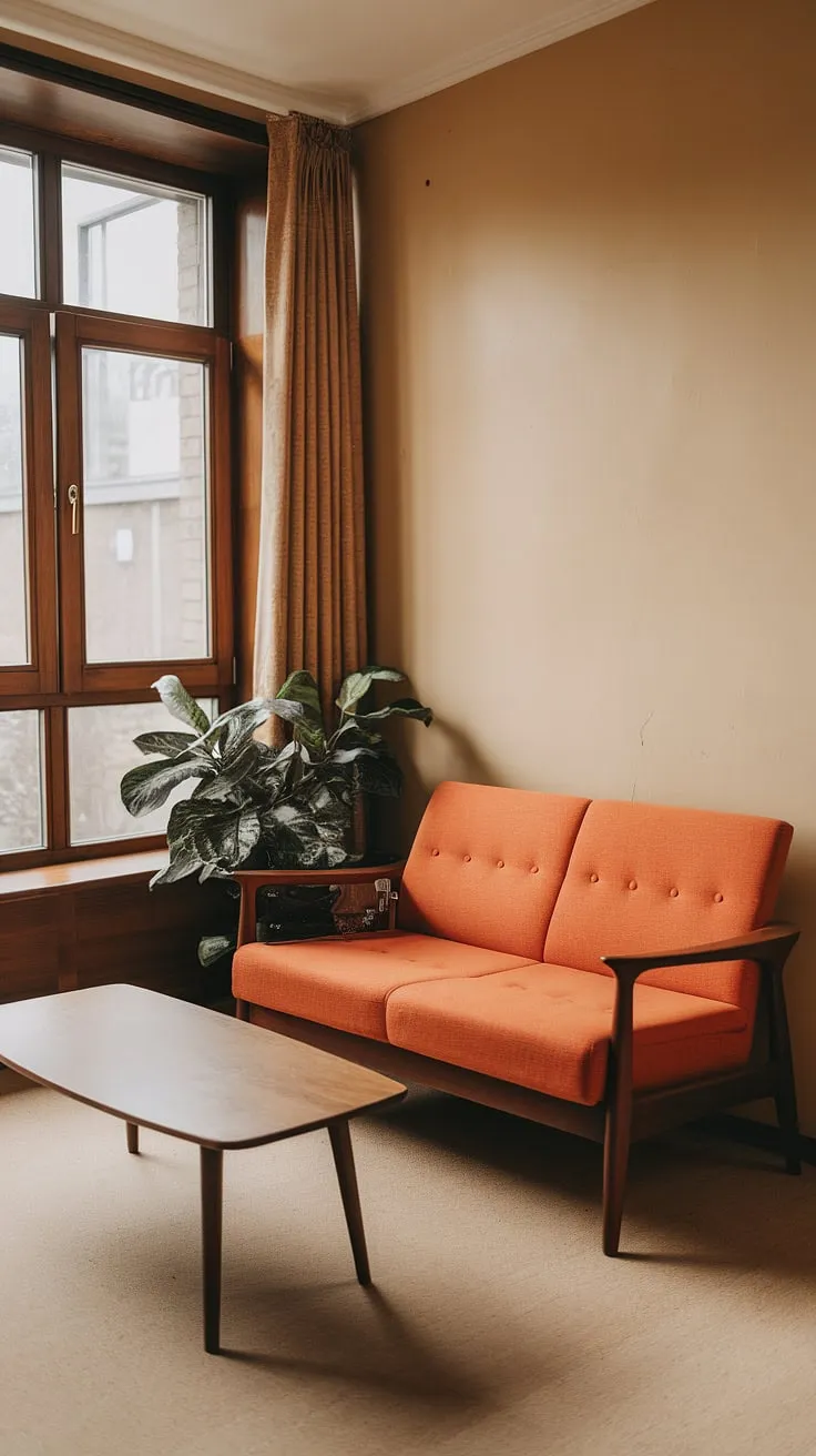 Step back in time to this charming small apartment living room, showcasing a delightful 1970s interior design. The mid-century modern sofa with its vibrant orange cushions and the round wooden coffee table create a cozy retro living room atmosphere perfect for small space interior design. A touch of greenery near the window completes this 70s living room aesthetic.