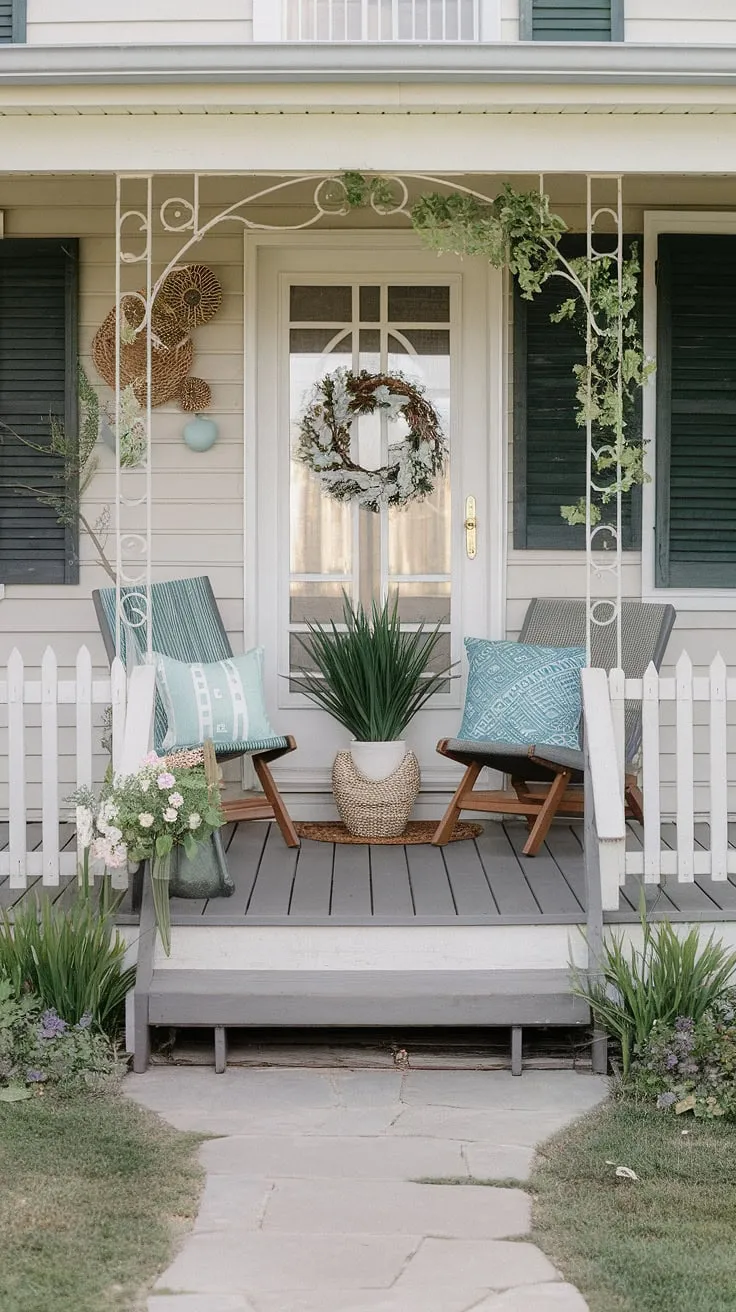 This small porch makeover proves that big impact doesn't require big bucks!  A fresh coat of paint, a few budget-friendly decorating ideas, and some simple decor ideas transformed this small back porch into a charming spring oasis.  The front porch chairs are the perfect spot to enjoy the season. This front porch decor and porch refresh showcases how easy it is to achieve stunning front porch makeover results with small porch decorating.