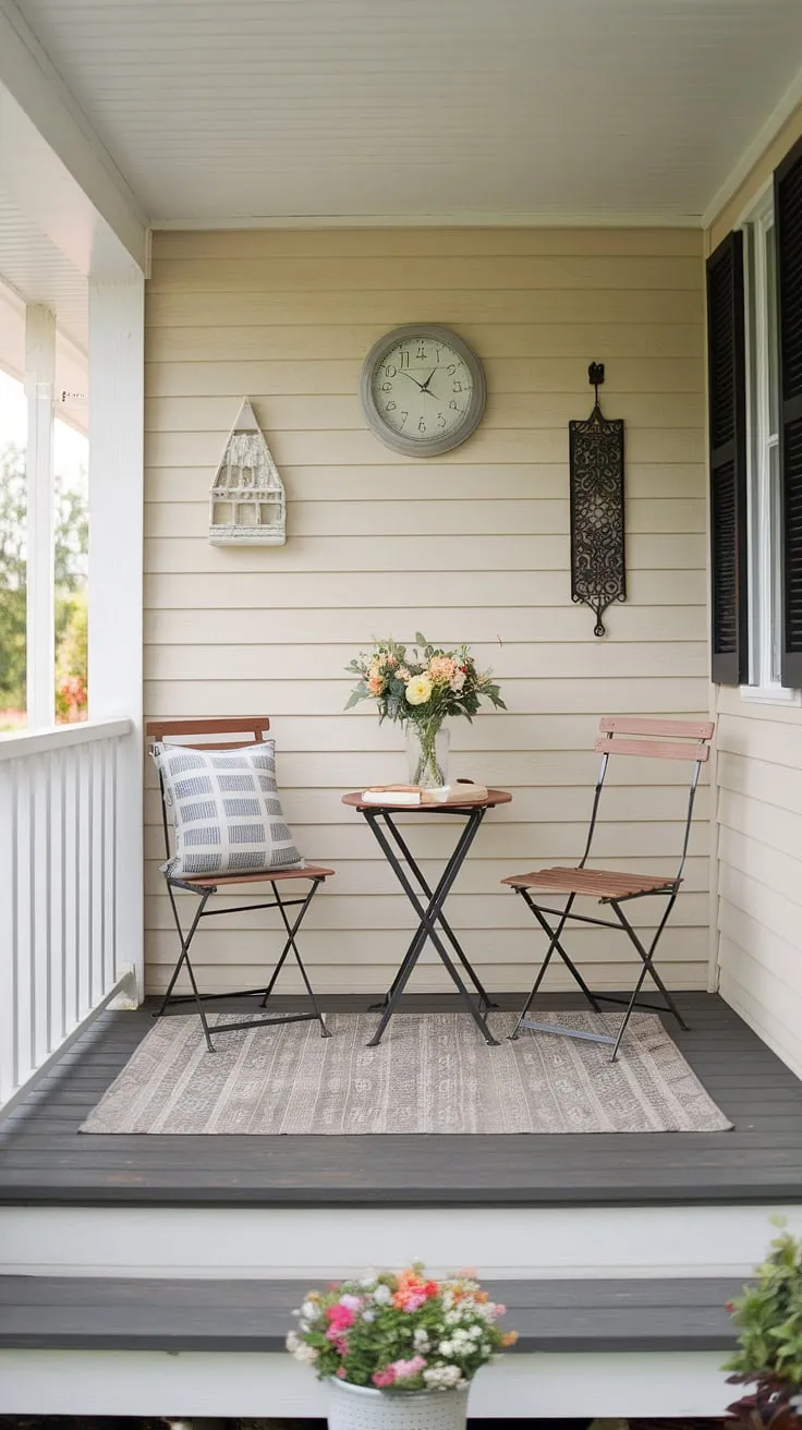 A front porch makeover doesn't have to break the bank! This small porch decorating project showcases how a few thoughtful touches—front porch chairs, a simple table, and some spring flowers—can transform a space.  Discover budget friendly decorating ideas and simple decor ideas for your own front porch decor.