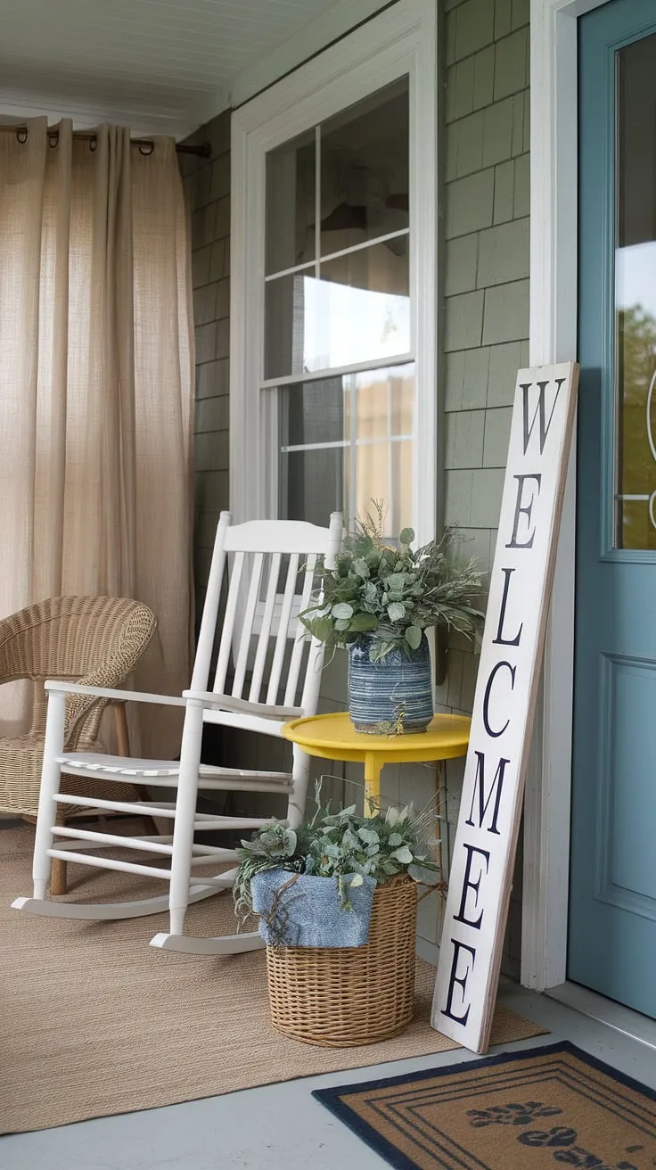 This small back porch makeover is proof that budget-friendly decorating ideas can create big impact!  Simple decor ideas like a wicker basket of greenery and a cheerful yellow table transform this space.  The front porch chairs and beige rug complete the spring porch decor, creating a welcoming front porch refresh.