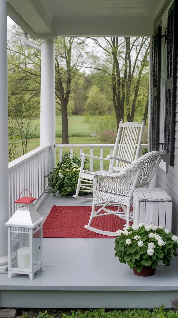 A small porch refresh doesn't require a fortune! This budget-friendly decorating idea uses simple decor ideas to create a charming spring porch decor.  The white front porch chairs and red rug add a pop of color against the white columns and lush green backdrop.  Perfect for small porch decorating or a front porch makeover.