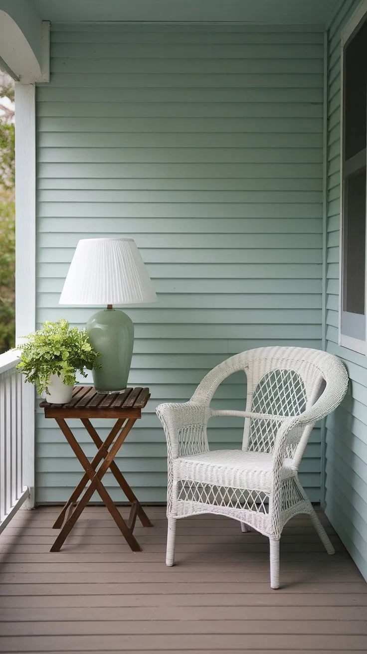 This small porch decorating project is proof that a front porch makeover doesn't have to break the bank.  With budget-friendly decorating ideas, like this charming arrangement of a white wicker chair and a green plant on a wooden table, you can create a welcoming front porch decor. The soft blue walls and simple decor ideas make this small back porch the perfect spot for spring porch decor.  Find your perfect front porch chairs and enjoy a porch refresh without the hefty price tag.