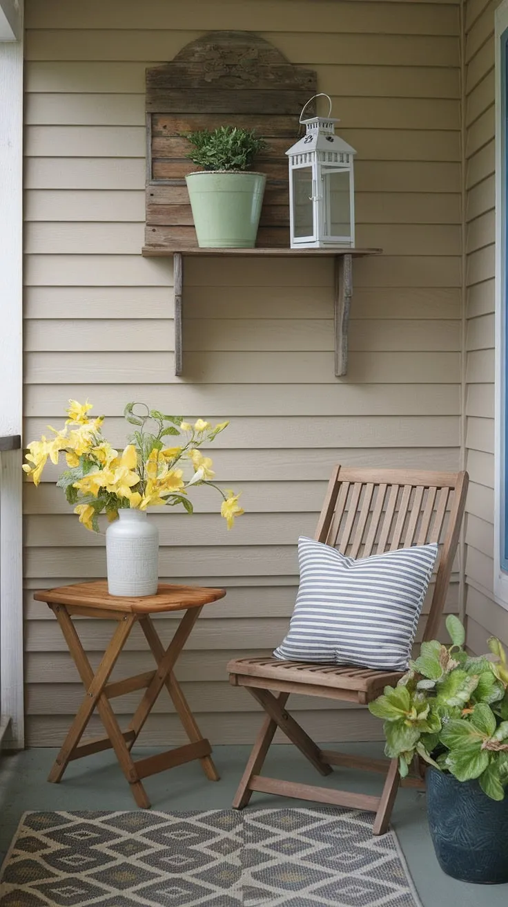 This budget-friendly front porch decor showcases how simple decor ideas can create a welcoming atmosphere on a small back porch.  With a few affordable additions like a patterned rug and a small shelf with plants, this front porch makeover is the perfect spring porch decor inspiration.  The front porch chairs invite you to relax and enjoy the sunshine.