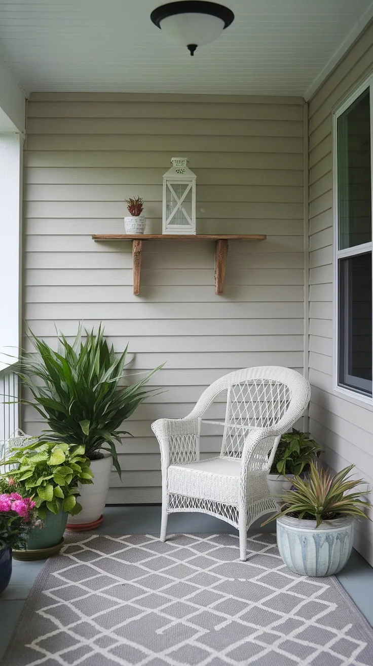 A little porch refresh can make a big difference! This small back porch is now a tranquil escape, thanks to some simple decor ideas and budget friendly decorating ideas.  The white front porch chairs and grey rug add a touch of elegance, while the potted plants bring the outdoors in.  Great inspiration for your front porch decor or front porch makeover this spring.