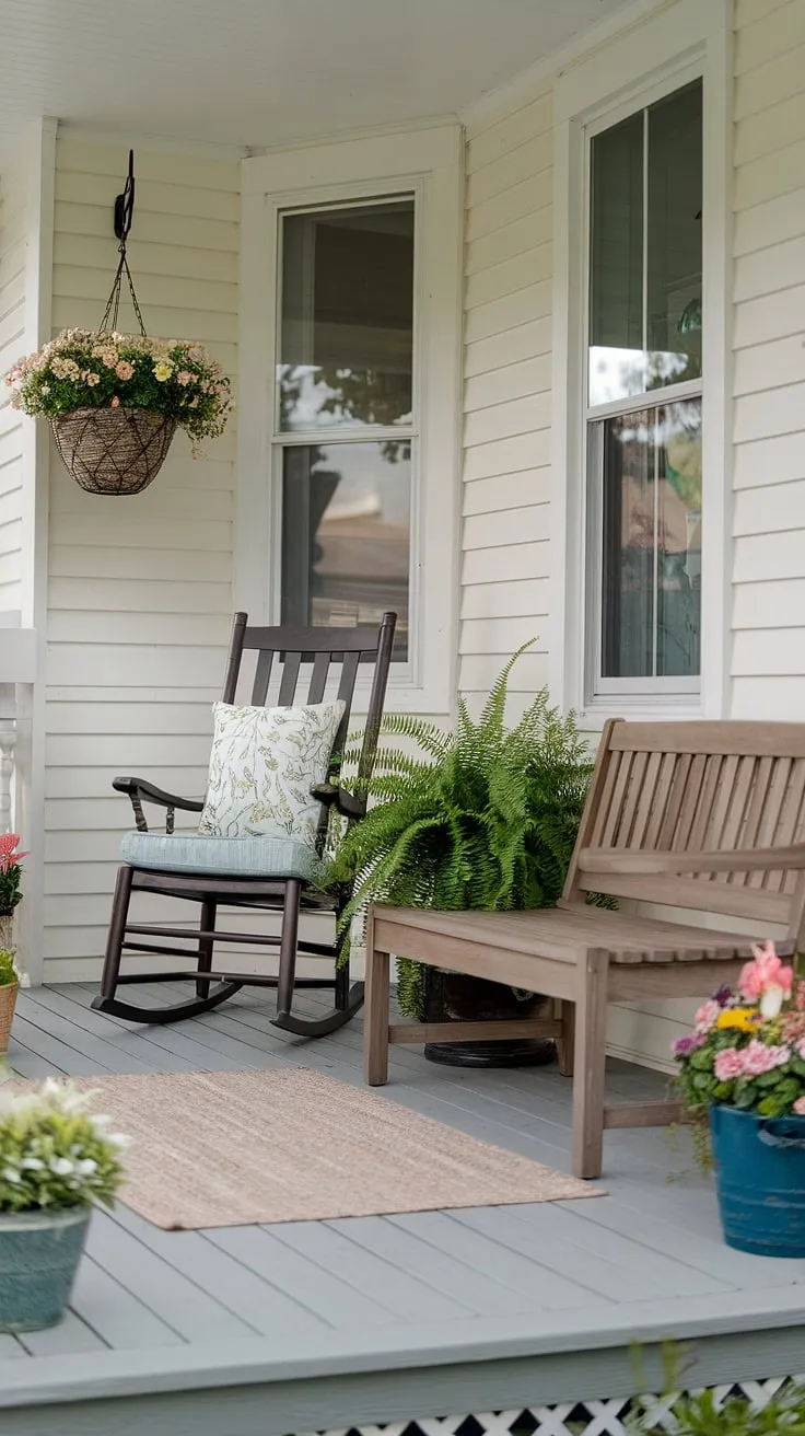 A porch refresh doesn't have to break the bank! This small back porch now boasts charming spring porch decor, thanks to some simple decor ideas and affordable finds.  The front porch chairs and wooden bench offer comfortable seating, completing this budget-friendly decorating ideas project.