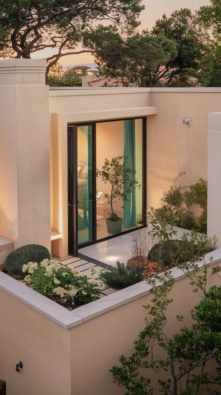 A high-angle view reveals a home bathed in gentle light, a miniature garden adorning its balcony, all nestled within a beautiful setting
