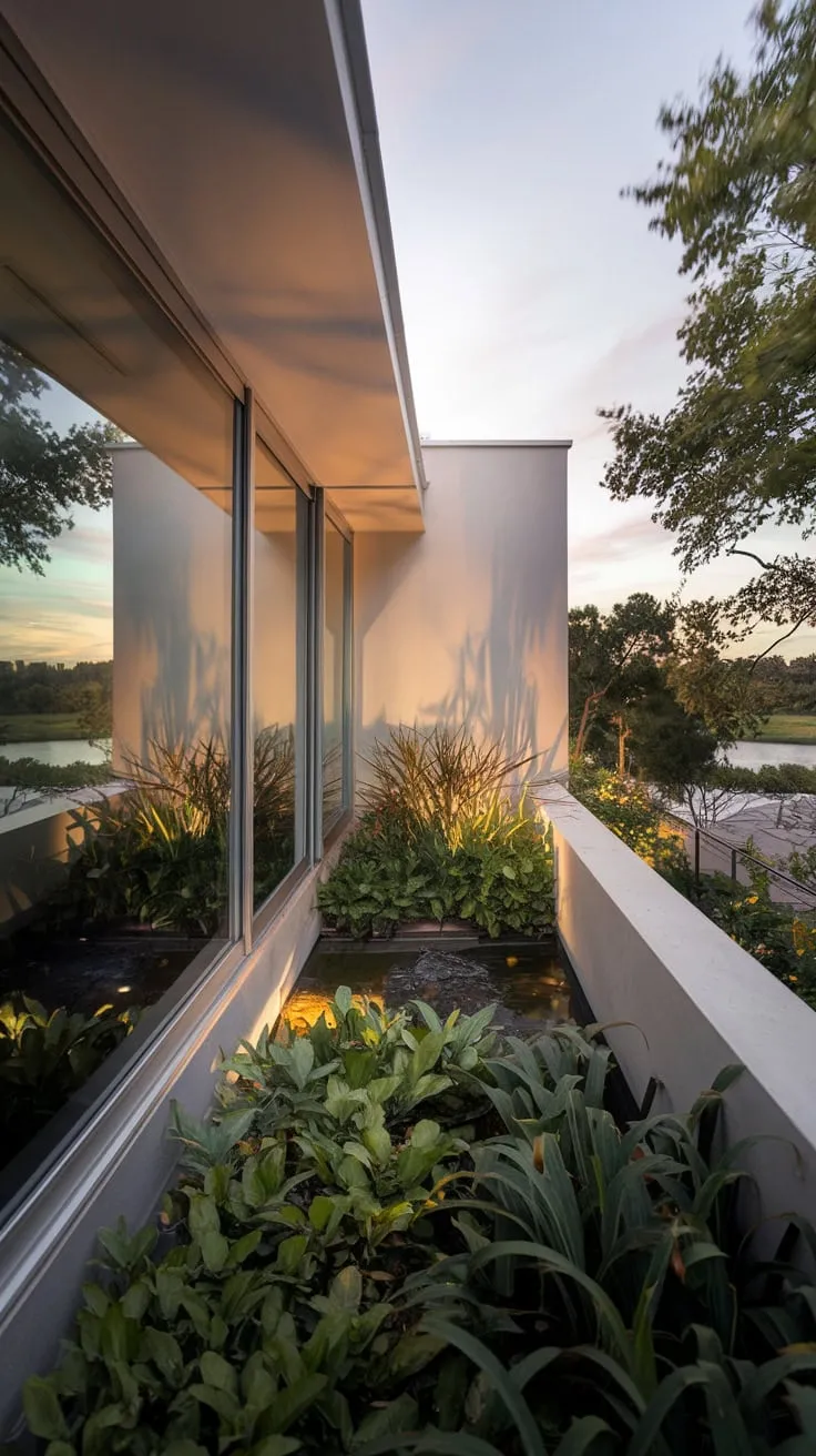 From your balcony, a serene view of water and trees complements the cozy glow illuminating your small, vibrant garden