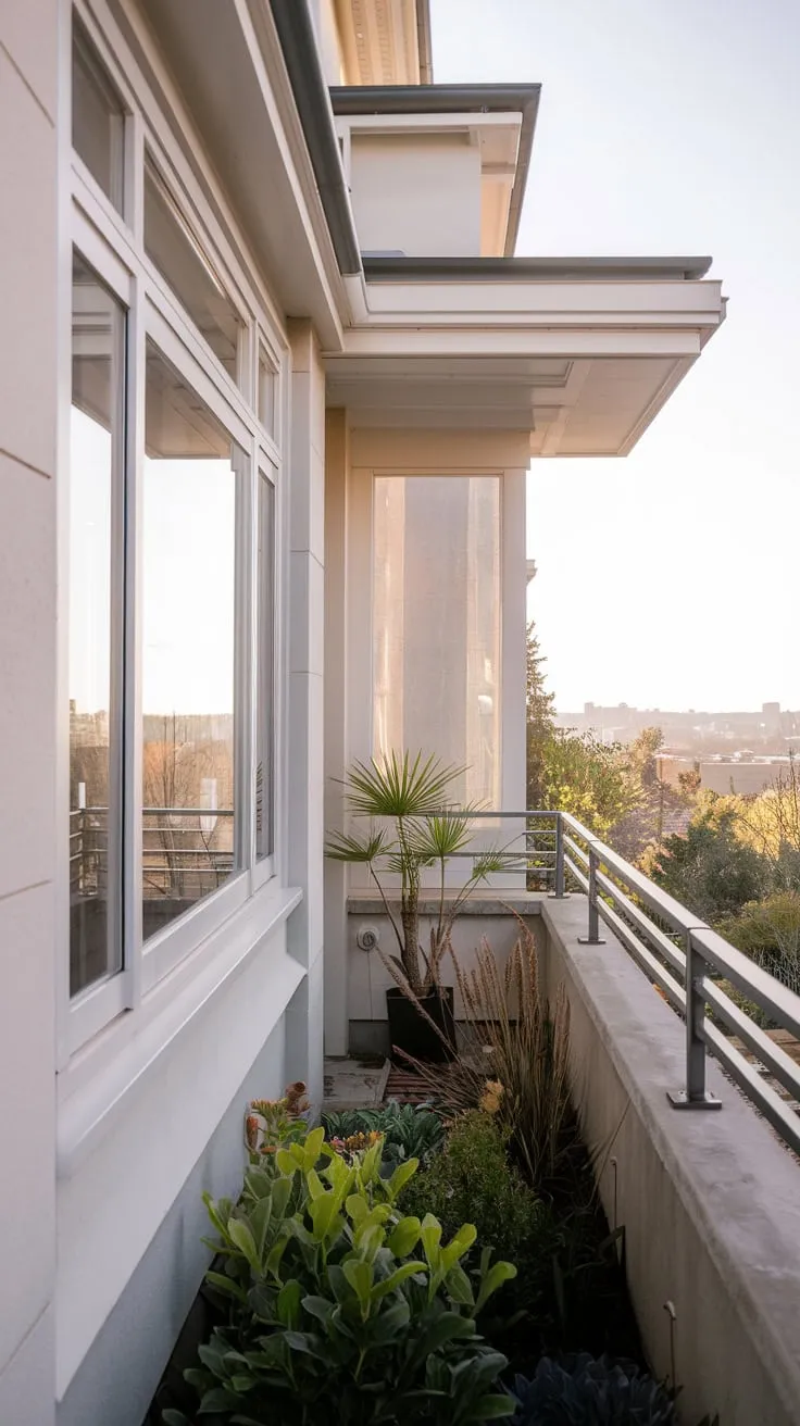 A potted plant sits on your concrete balcony, framing a picturesque cityscape visible through the windows of your home