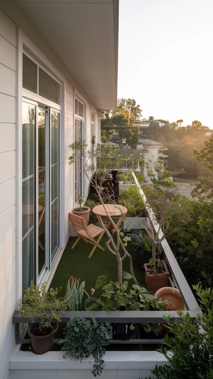 From your hillside home's white exterior and expansive windows, a charming balcony garden—filled with potted plants, trees, a table, and chair—provides a peaceful escape overlooking a beautiful view