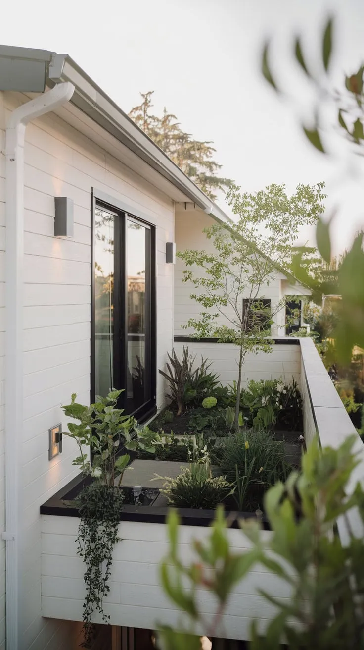 A high-angle view reveals a stylish white and black home, its charming balcony garden overflowing with greenery and offering a peaceful vista