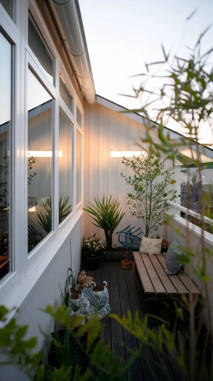 A white home with expansive windows boasts a charming balcony garden, subtly illuminated, where a wooden bench and decorative touches complement the beautiful surrounding landscape seen from on high
