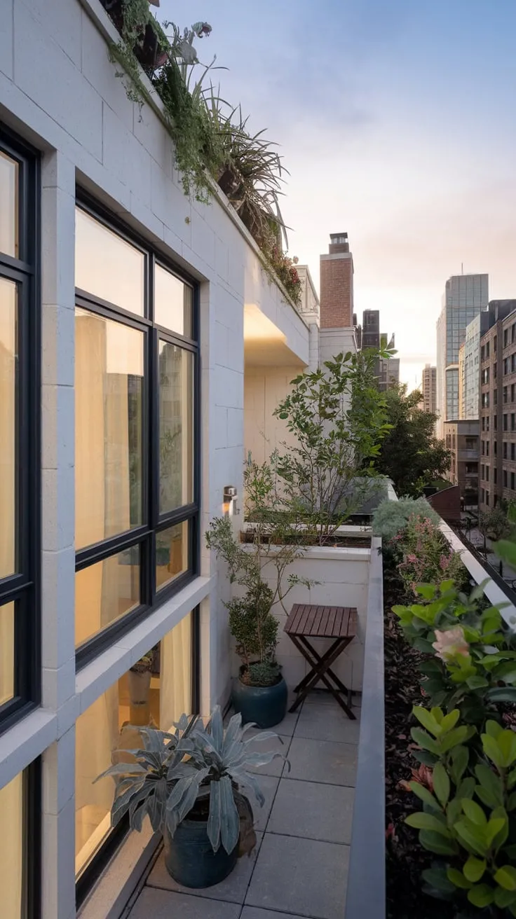 Your minimalist home, bathed in soft light, offers a tranquil balcony garden overlooking a vibrant cityscape