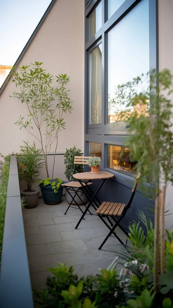 A high-angle view reveals the inviting architecture of a house, its small balcony a vibrant green oasis with potted plants and a cozy seating area