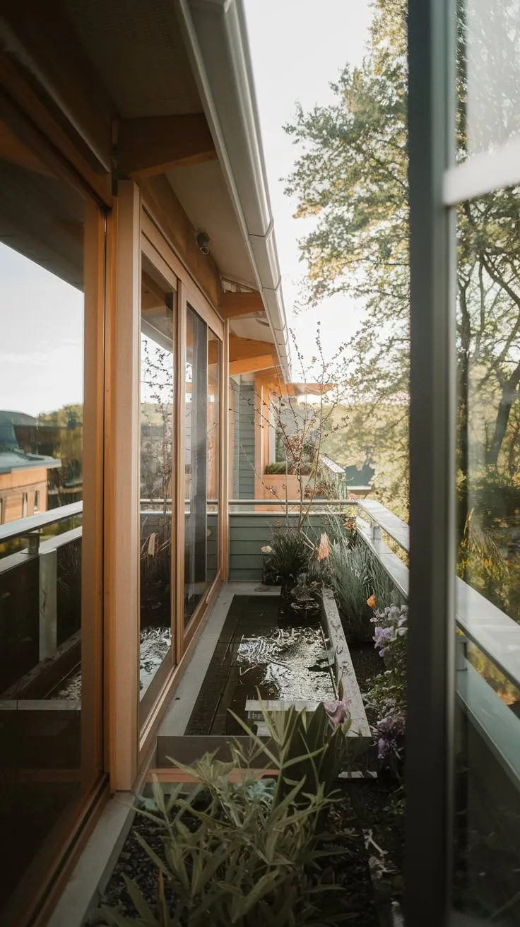 A breathtaking view unfolds before you: a sleek home of wood and glass, its small balcony garden a peaceful oasis of plants and water, bathed in gentle light
