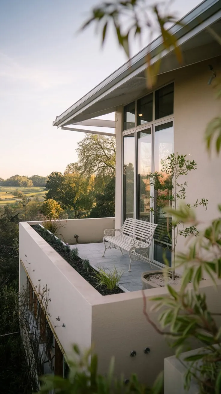 Soft light bathes your sleek home's balcony garden and scenic view, creating a serene atmosphere