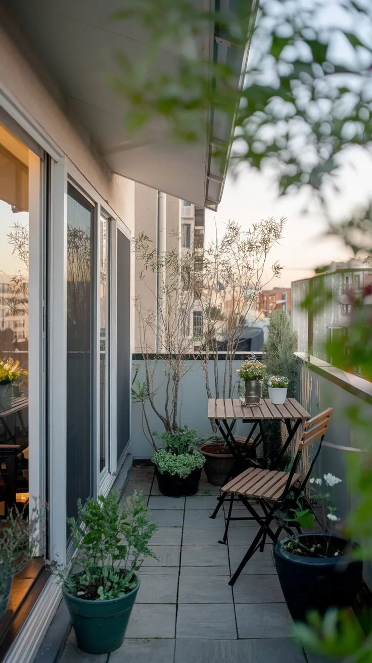 High above the city, you see a home's balcony garden—a tranquil oasis with potted plants and a table for two, bathed in the soft glow of urban lights