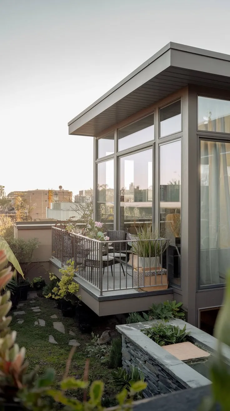 From your balcony, potted plants and a stone feature in your miniature garden overlook a sprawling city vista, framed by the expansive glass of your stylish home