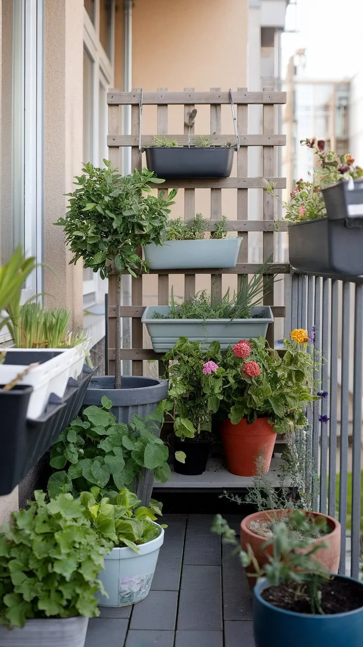 This small balcony garden is a testament to the beauty of urban gardening.  From container gardening on the floor to vertical gardening on the wall, every inch is utilized to create a thriving ecosystem of balcony plants.  Find inspiration for your own small garden ideas with this compact yet bountiful collection, perfect for those exploring balcony gardening in limited spaces.