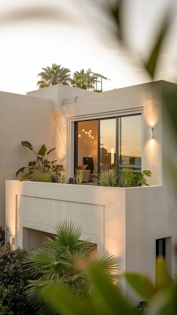 From above, you see a warm beige house softly lit, its small balcony garden blooming against a breathtaking view