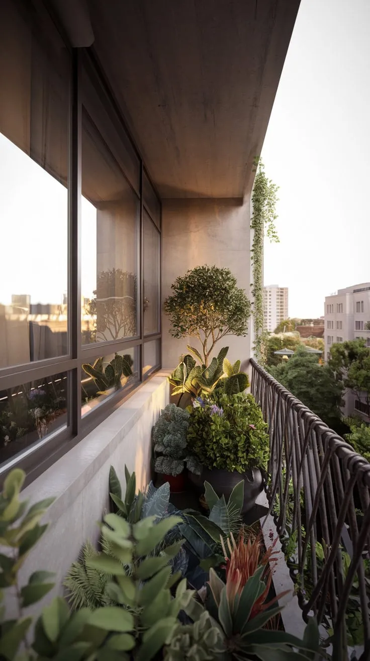 Soft, warm light bathes your sleek concrete home's balcony garden, a vibrant contrast to the twisting metal railing and cityscape beyond
