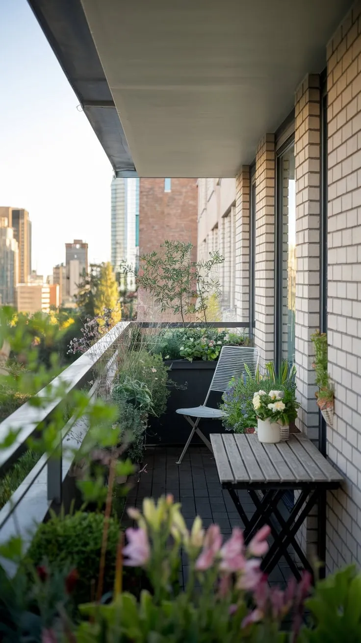From your vantage point, a lush balcony garden overflowing with plants and flowers, a white chair and wooden table beside it, softens the brick wall of your home, overlooking a sprawling cityscape bathed in soft light