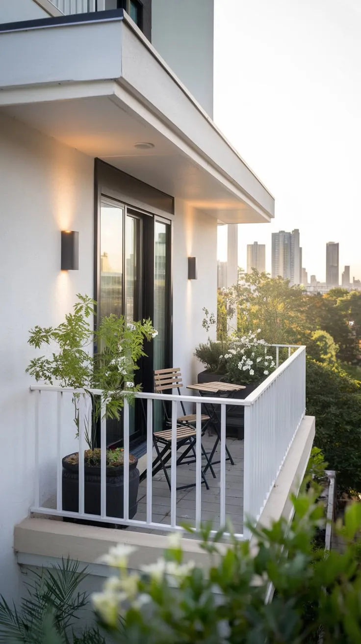Above the city, you see a tranquil balcony scene: a white-railed haven adorned with blooming plants and a cozy wooden seating area, attached to a stylish white house with subtle black detailing