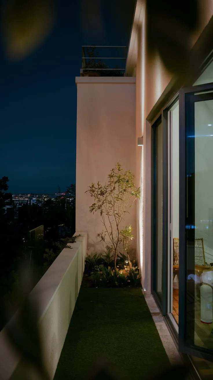 From above, you witness a softly lit home nestled into the cityscape, its small balcony garden a tranquil counterpoint to the sprawling night view