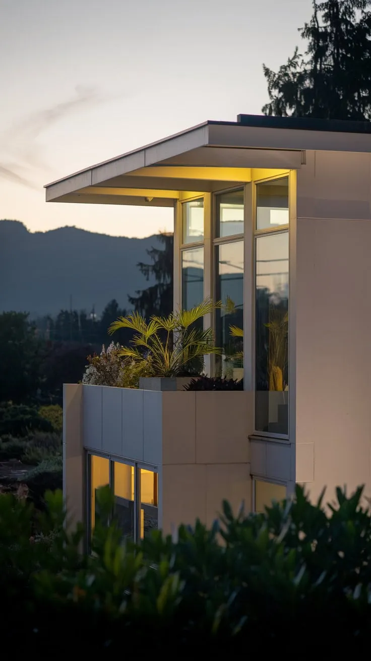 A minimalist white house, bathed in soft night light, reveals a tranquil balcony garden overlooking a peaceful mountain vista