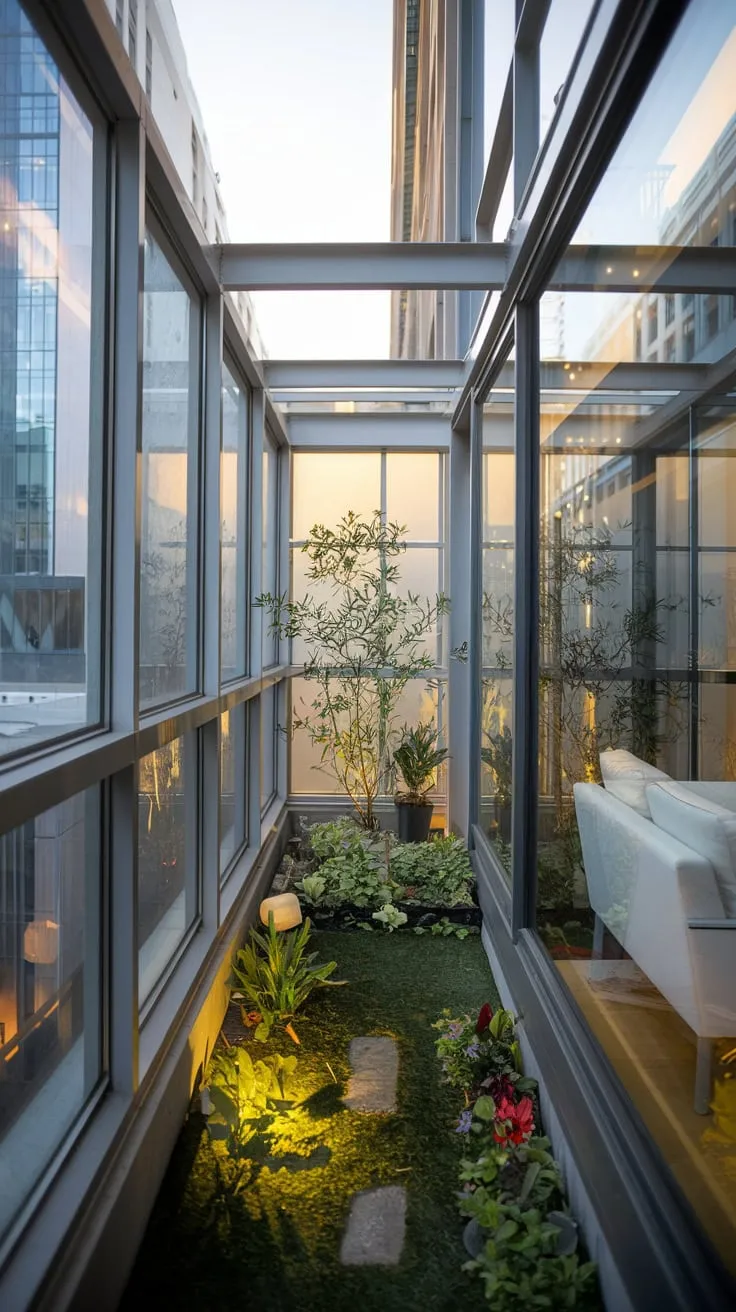 From your high-up vantage point, a balcony garden with lush greenery and charming décor extends from a glass-enclosed room, showcasing a stunning city vista