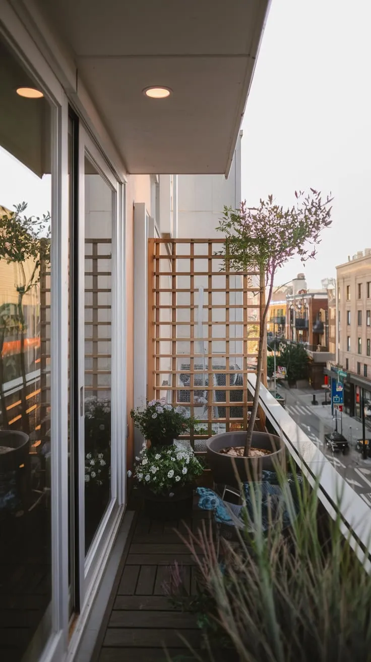 From your vantage point, a tranquil balcony garden with potted trees and a wooden trellis overlooks a sprawling cityscape, visible through the home's glass door