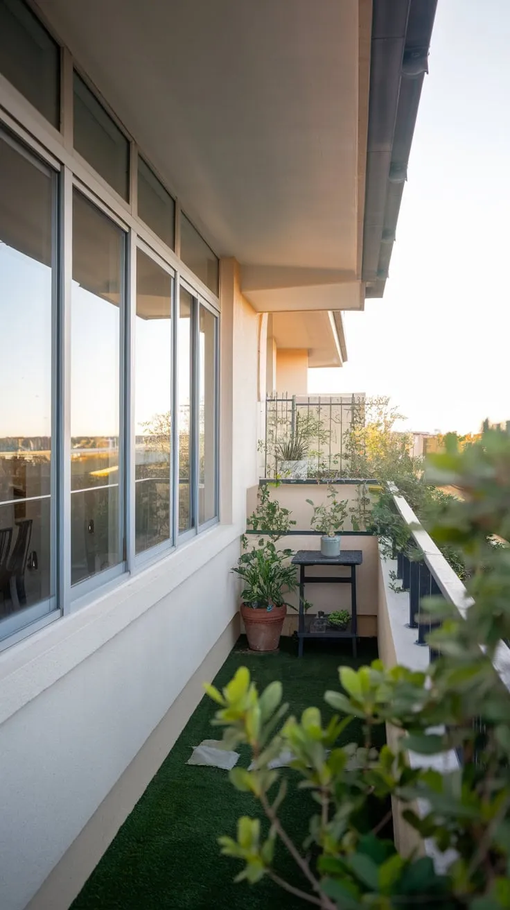 A tranquil city view unfolds beyond a sleek home with a charming balcony garden, visible from an elevated perspective