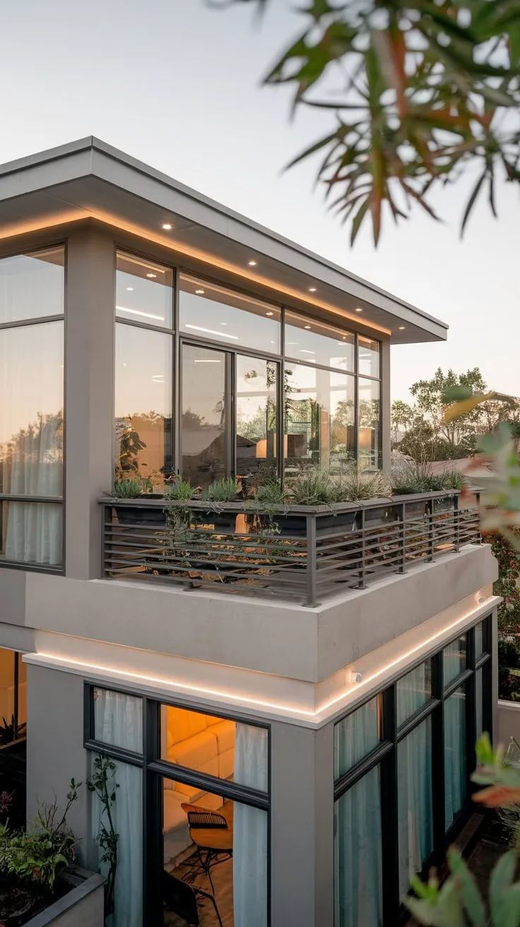 A high-angle shot reveals a stylish home with large windows, its small balcony vibrant with potted plants against a picturesque backdrop