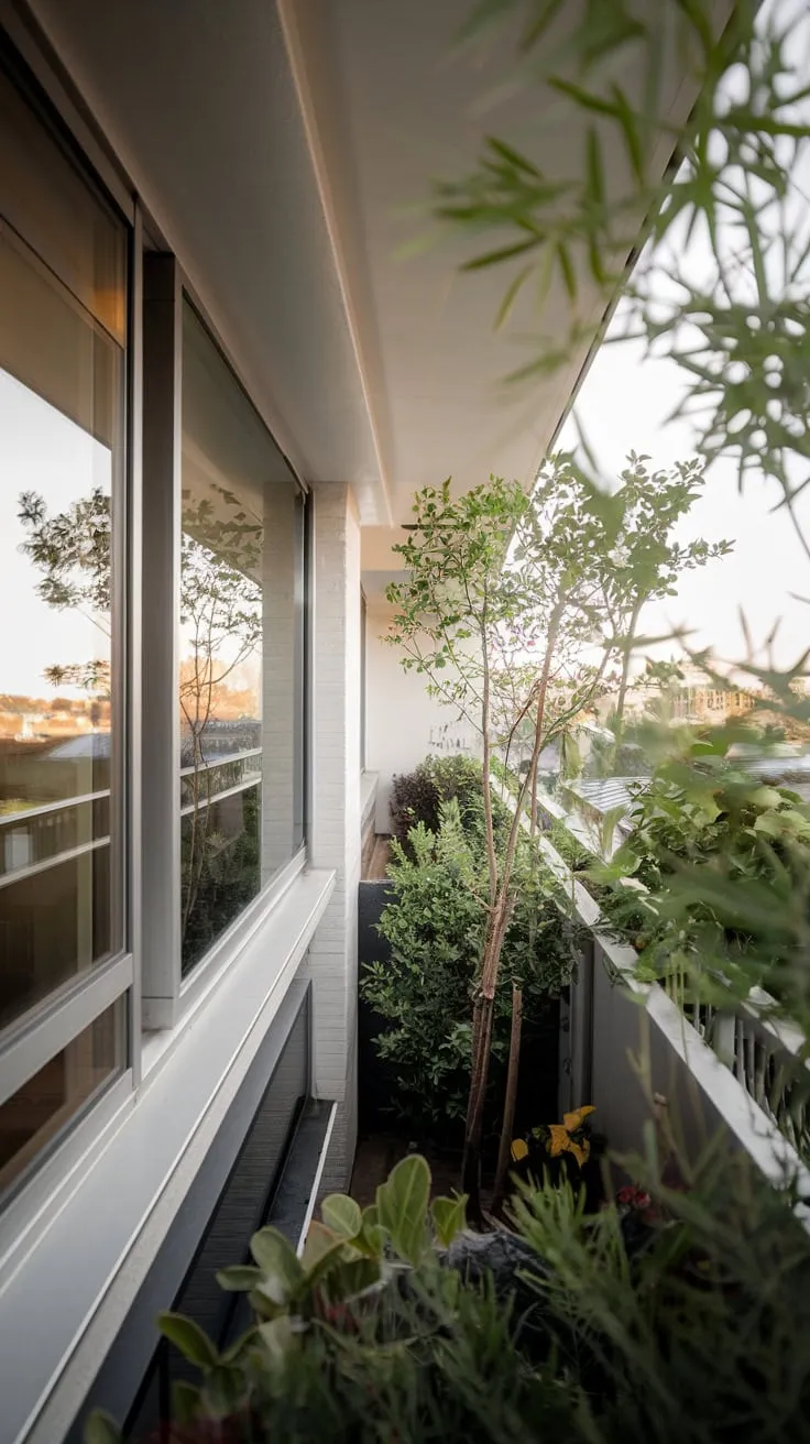 A tranquil, sun-drenched balcony garden bursts with life, a vibrant contrast to the sleek, minimalist lines of your home and the cityscape beyond