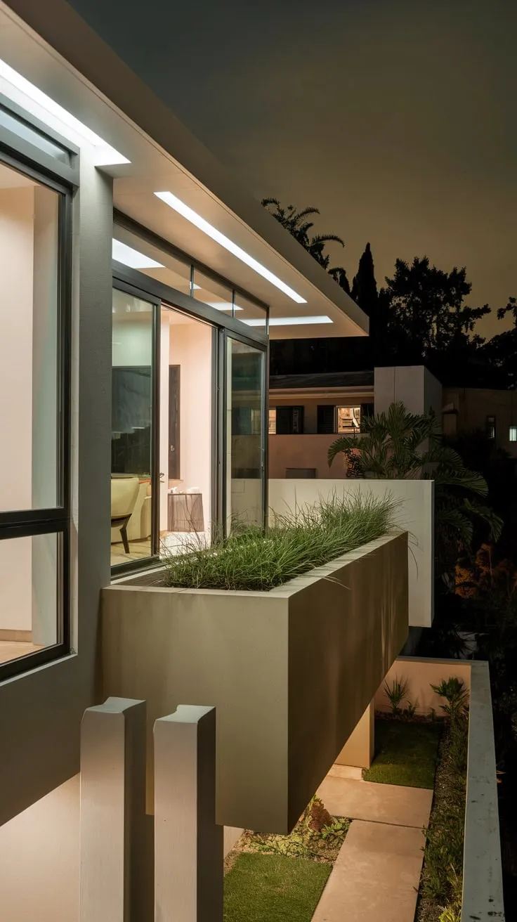Soft light illuminates your sleek, new home's clean lines and large windows, a small balcony garden adding warmth against a backdrop of city lights and trees