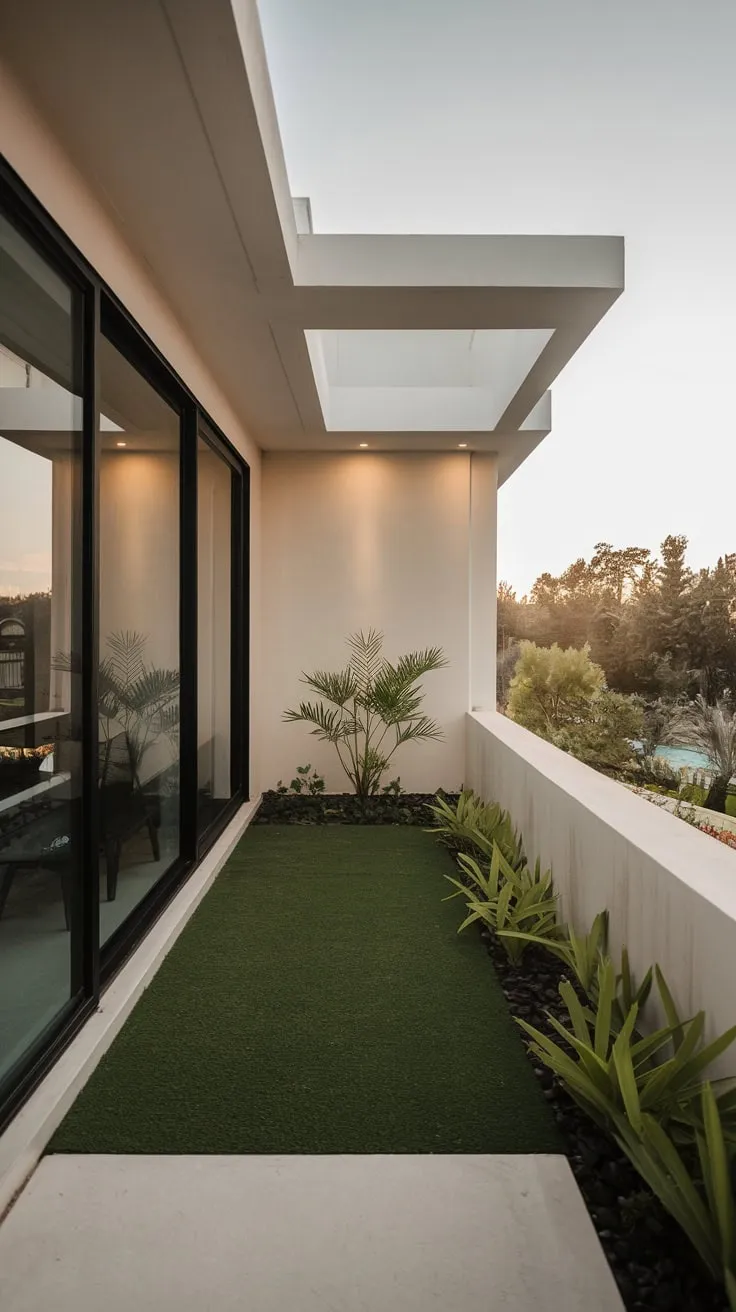From above, you see a minimalist home bathed in soft light, its small balcony garden overlooking a tranquil view