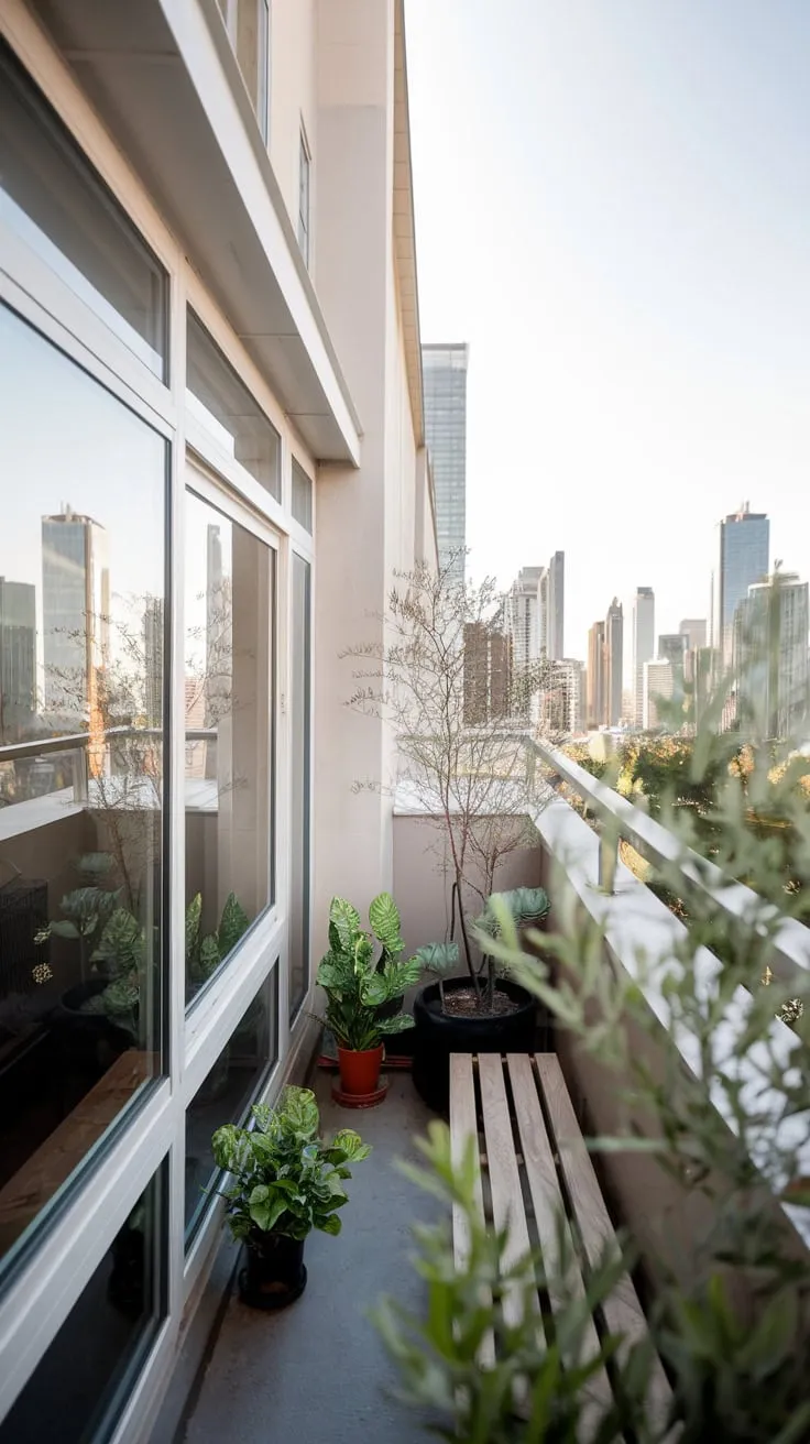 A tranquil balcony garden, nestled amongst your home's minimalist design and expansive windows, overlooks a stunning cityscape