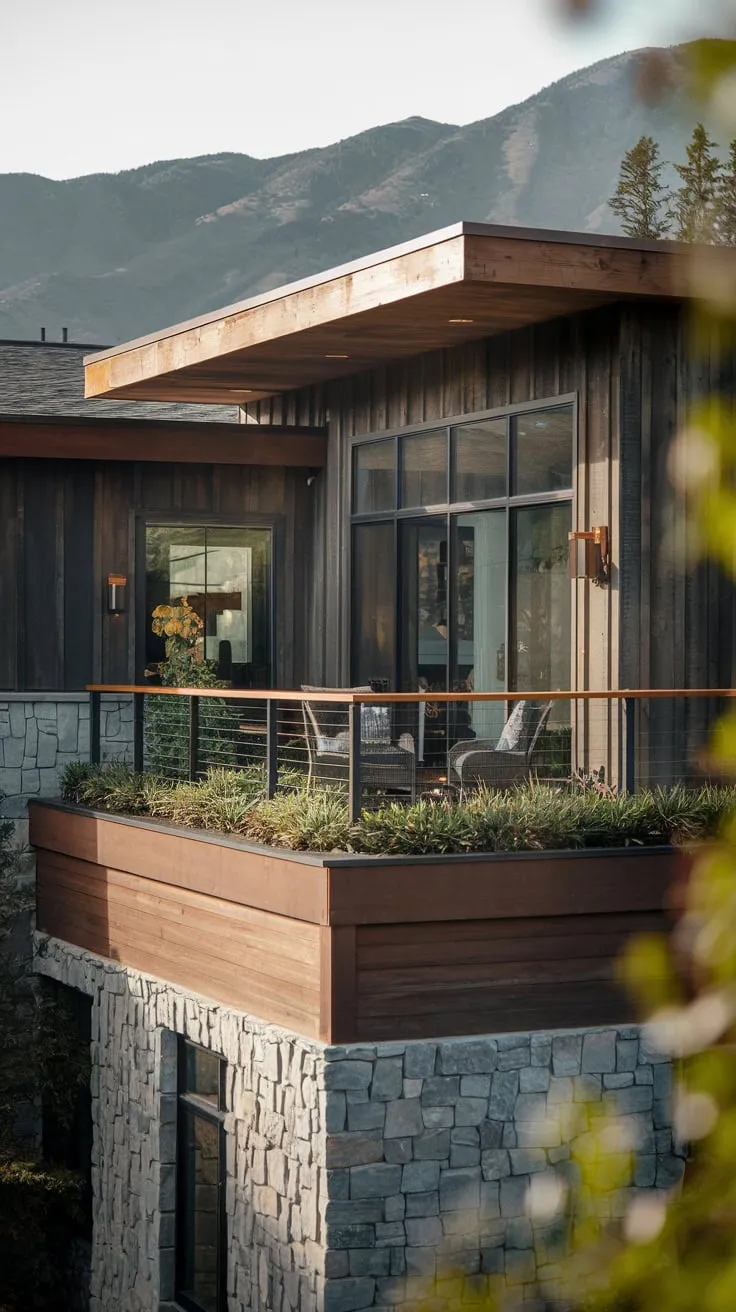 High above, a charming home of wood and stone hugs the mountainside, its balcony a vibrant green oasis with comfortable seating
