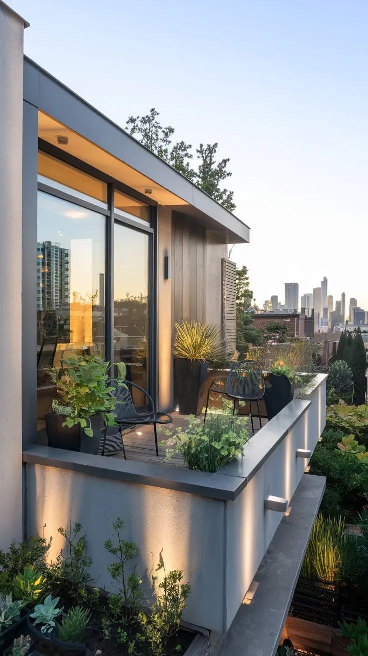 From your balcony, potted plants and comfortable chairs offer a tranquil escape overlooking a dazzling cityscape, framed by the sleek lines of your glass, wood, and concrete home