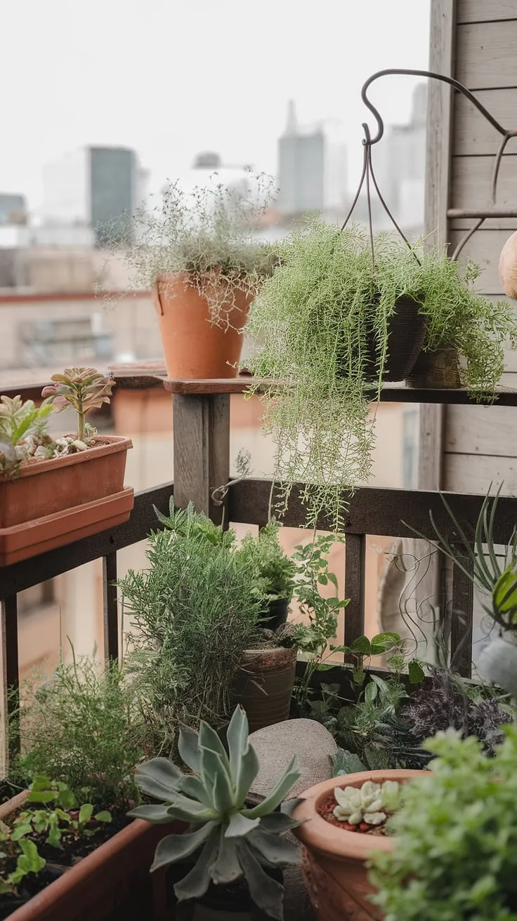 My little slice of urban paradise! This small balcony garden demonstrates how effective balcony gardening can be, even with limited square footage.  From the hanging basket overflowing with trailing plants to the carefully chosen balcony plants, this small garden ideas project is a testament to the joys of container gardening and vertical gardening.  Rooftop garden dreams can come true, even on a small balcony.