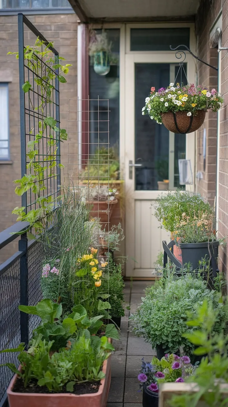 Transforming a small balcony into a vibrant oasis with container gardening. This small space gardening setup showcases the beauty of vertical gardening, offering a bounty of balcony plants and herbs.  Plenty of small garden ideas for urban gardening and rooftop garden enthusiasts!
