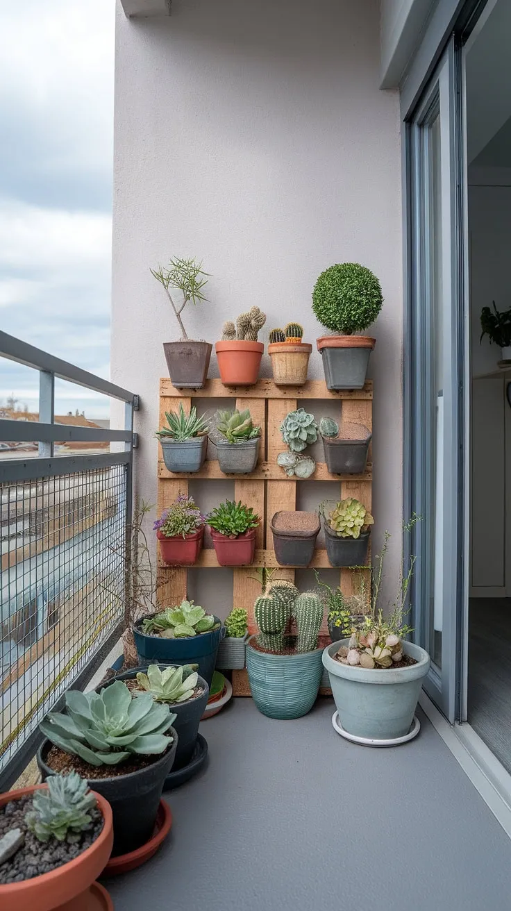 Transforming a small balcony into a vibrant oasis with this container garden.  Vertical gardening on a wooden pallet maximizes space, showcasing a variety of succulents, cacti, and a small tree. Perfect small space gardening and balcony garden ideas for urban gardening enthusiasts. This rooftop garden (or balcony gardening setup) proves that even the smallest spaces can bloom.