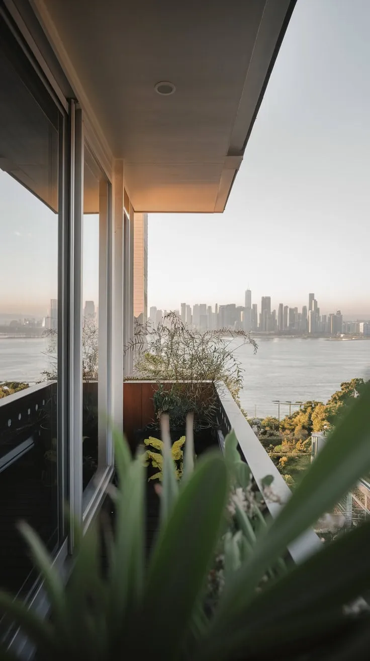 High above, you see a stylish home's balcony, a peaceful green oasis overlooking a breathtaking cityscape and shimmering water