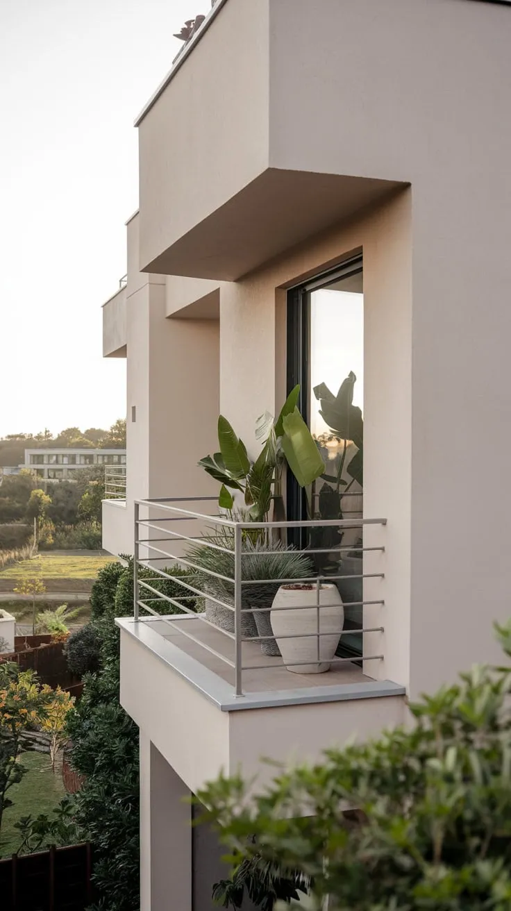 From your vantage point, a minimalist beige home with a small balcony boasting potted plants and a tranquil view unfolds