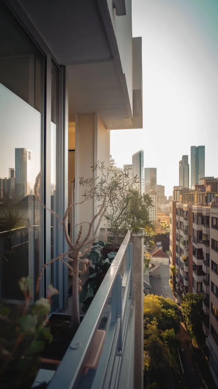 Soft light bathes your stylish home's small, plant-filled balcony, offering a breathtaking view of the sprawling city skyline