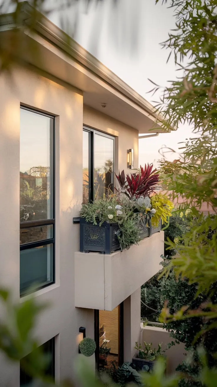 A high-angle shot reveals your plant-filled balcony, a peaceful perch above the neighborhood, bathed in the soft glow of your home's exterior