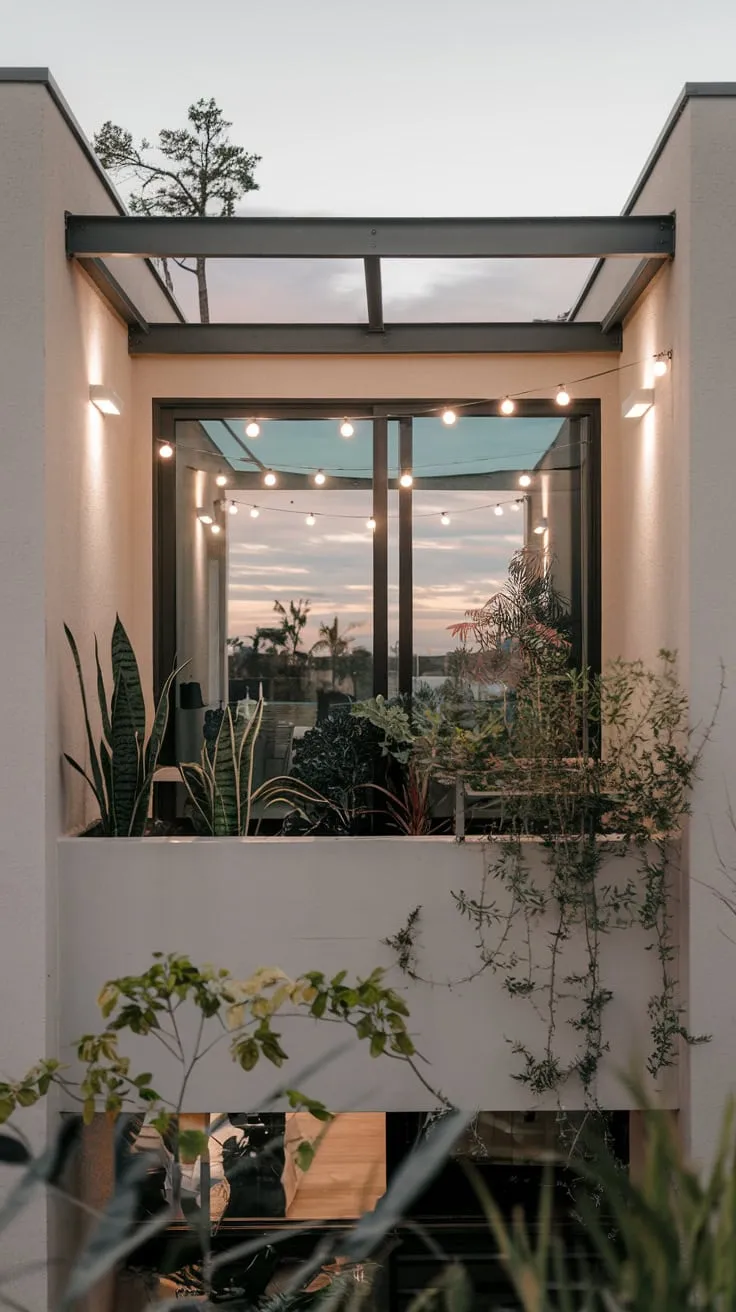 String lights illuminate your minimalist home's high balcony, where potted plants frame a breathtaking view