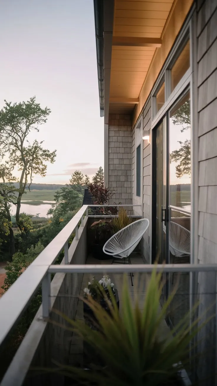 A white chair sits on a small balcony overflowing with plants, as your gaze sweeps across the serene water and woods from your high-perched, wooden-clad home