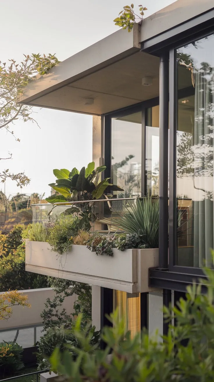 From your second-story balcony, a lush garden overlooks the neighborhood, framed by the clean lines of your concrete and glass home